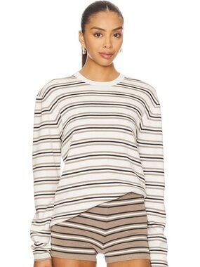 Crewneck Striped Long-Sleeve Top in Cream and Brown